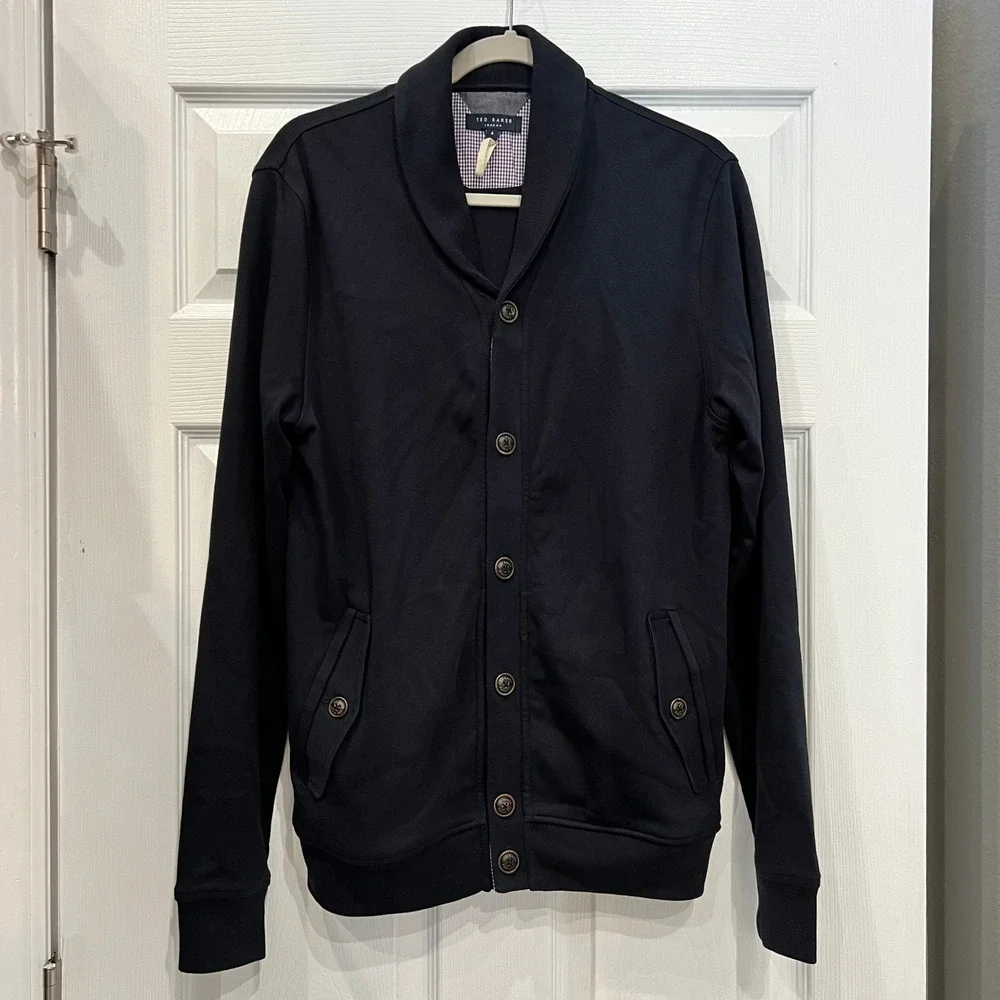Ted Baker Cardigan Cotton Jersey Navy Blue Shawl Collar Preppy Size 4 L